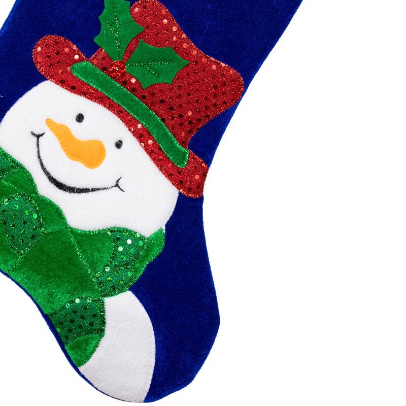 20" Dark Blue Embroidered Velveteen Snowman Stocking White Cuff