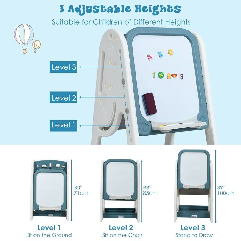 2 in 1 Kids Easel Desk Chair Set Book Rack Adjustable Art Painting Board - 25'' x 21'' x 30'' – 39'' (L x W x H)