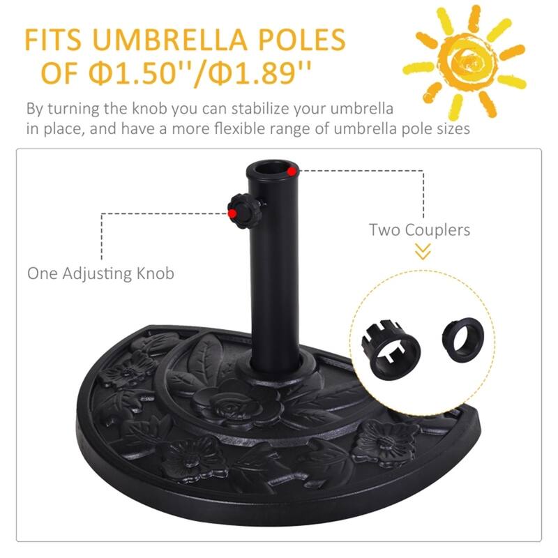 Half Umbrella Stand Black Resin Base with Steel Pole Decorative Flower Design Fits 1.5 and 1.9 Inch Poles