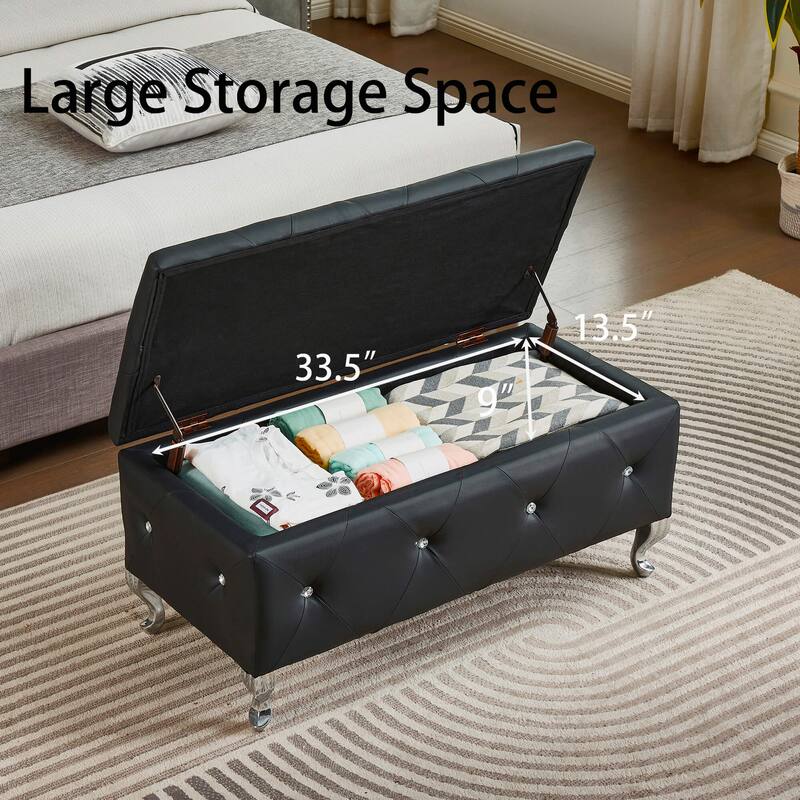 Storage Bench Leisure Stool with Safety Hinged Flap, End of Bed Decorative Bench with Crystal Buttons and Metal Legs