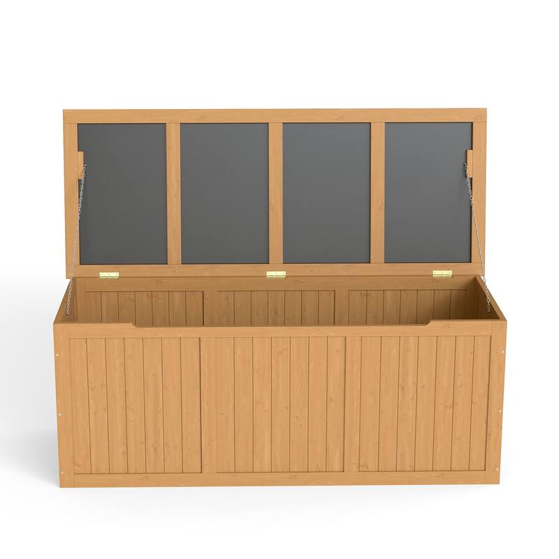 112 Gallon Wooden Deck Box Solid Wood Storage Box Seat & Table Top for Patio Furniture Cushions, Pool Toys & Garden Tools