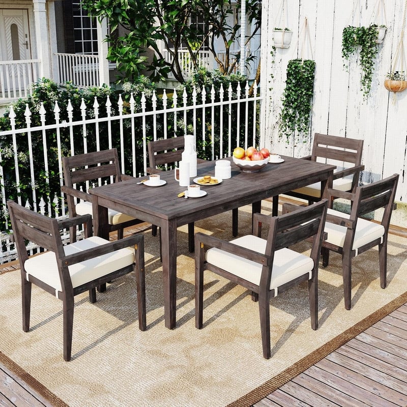 Acacia Wood 7-Piece Outdoor Dining Table and Chairs Set for Patio Balcony or Backyard Entertaining - Grey