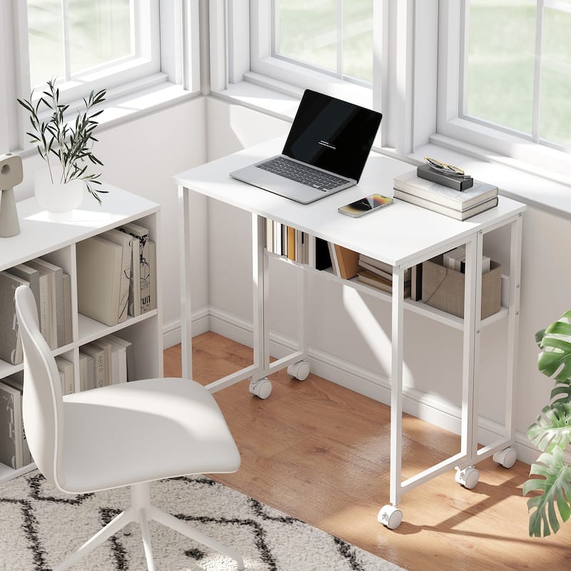 HOMCOM Small Folding Desk, Rolling Computer Desk Foldable with Storage Bag and Shelf, 31.5" Portable Writing Table on Wheels - White