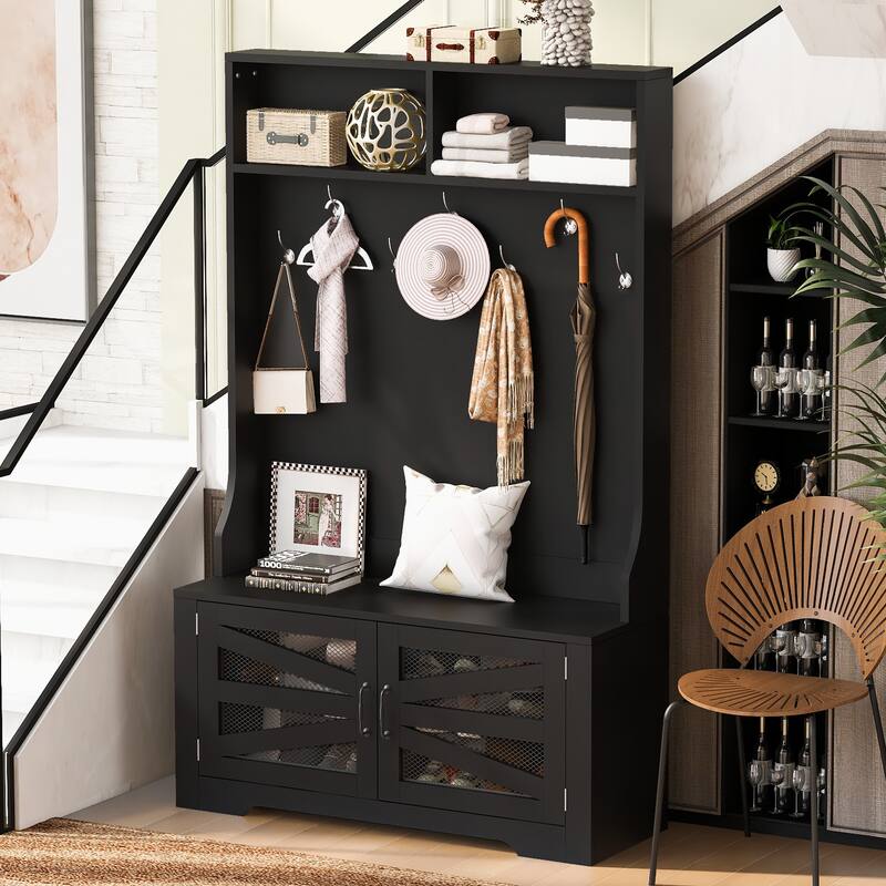Breathable Hall Tree Cabinet Coat Rack with Adjustable Shelves & Bench Seat, Shoe Storage Cabinet with Wire Mesh Door - Black