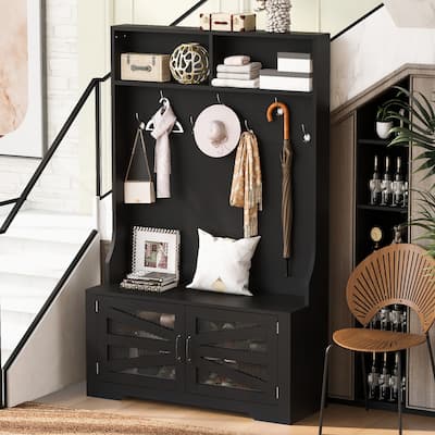 Breathable Hall Tree Cabinet Coat Rack with Adjustable Shelves & Bench Seat, Shoe Storage Cabinet with Wire Mesh Door