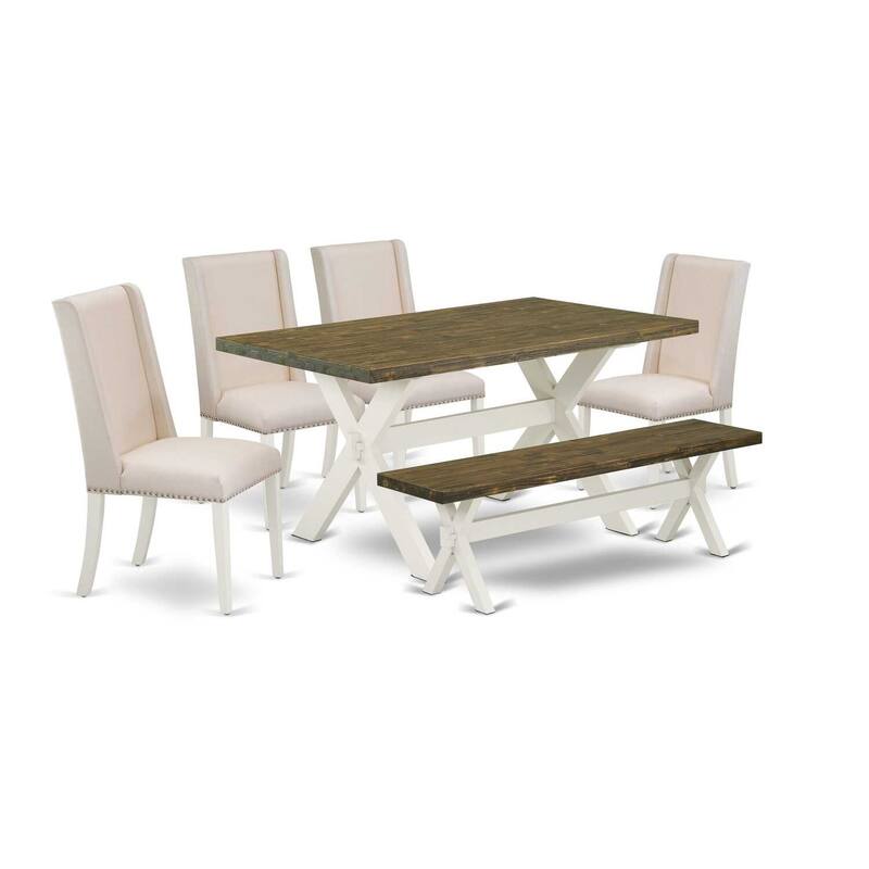 HomeStock 6-Piece Rectangle Distressed Jacobean Finish Solid Wood Top Dining Table with 1-Bench, 4-Chairs