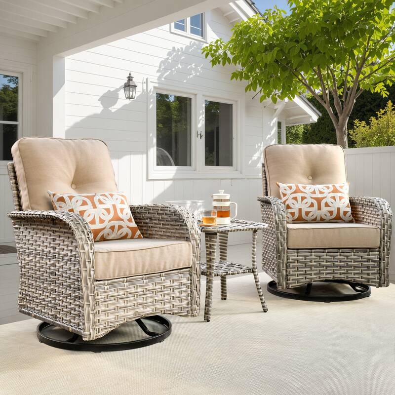 HOOOWOOO 3-piece Outdoor Patio Wicker Rattan High Back Swivel Chair Set - Beige