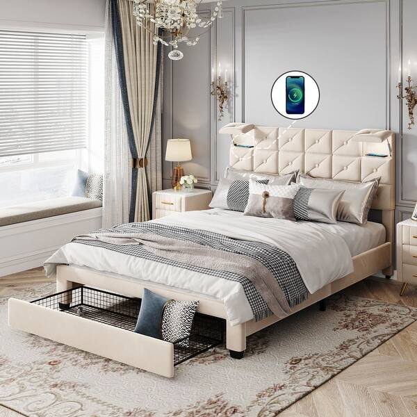 slide 2 of 73, Velvet Storage Platform Bed with Wireless Chargers and Drawer Beige(Queen bed)