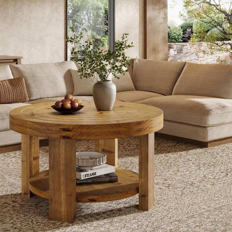 Solid Wood Round Coffee Table Entertainment Center Table for Living