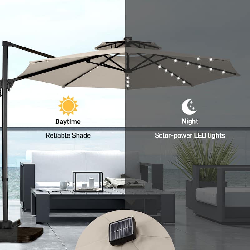 Autlaycil 10FT Cantilever Patio Umbrella with Solar Lights Included Base 360 Rotation Large Offset Hanging Outdoor Shade