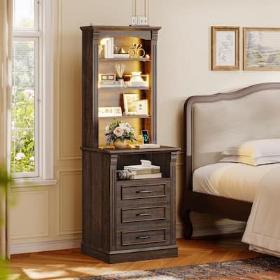 61" Tall Nightstand with 3 Drawers Charging Station LED Light 3 Adjustable Shelves