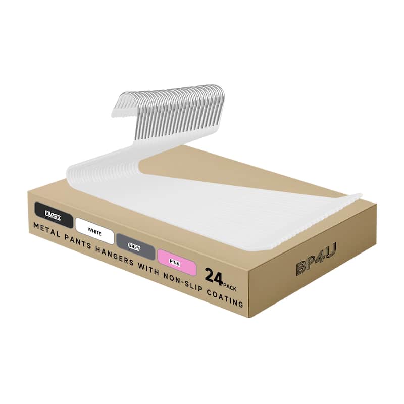 BP4U Open-Ended Metal Pants Hangers, Steel Towel & Scarf Hangers for Jeans, Trousers, Dresses & Bath Towels - 24-Pack - White