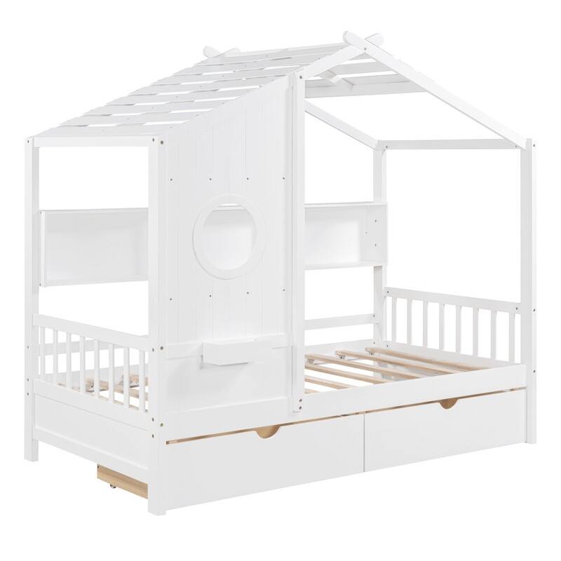 Twin Size Wooden House Bed with 2 Drawers and Storage Shelf