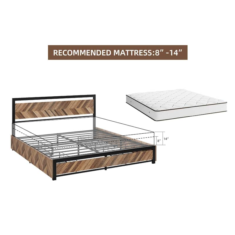 Metal Platform Bed Frame with Rustic Vintage Wood Headboard