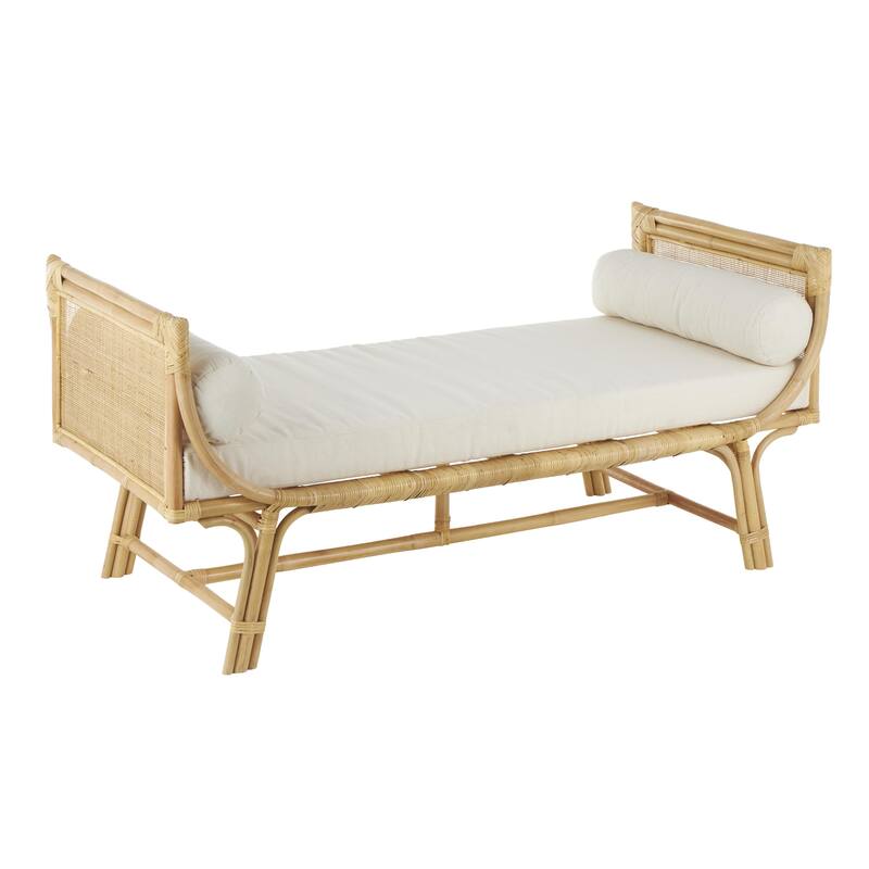 Light Brown Rattan Wrapped Home Bench with White Fabric Seat and Side Cushions
