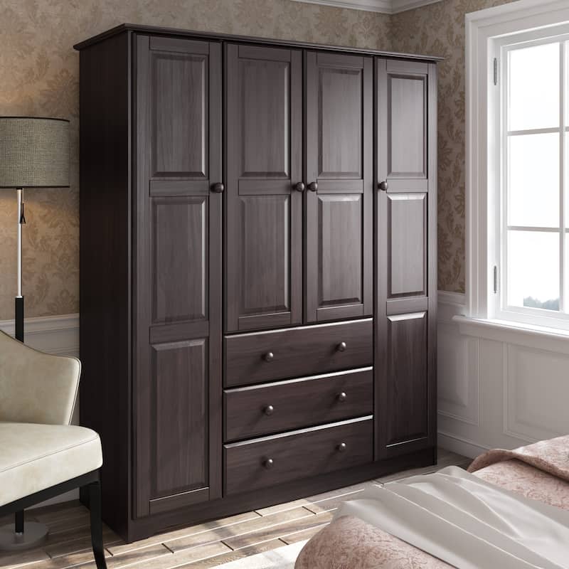 100% Solid Wood Wardrobe Armoire, 4-Door Closet Storage Cabinet with Drawers and Raised Panel Doors, Family, Palace Imports