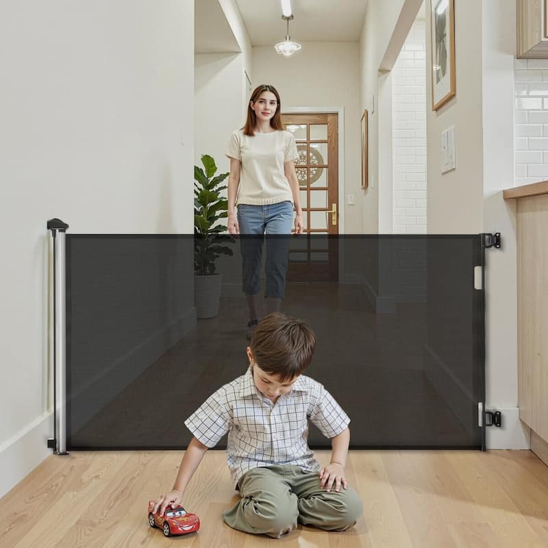 Retractable Baby Gate with Escape-Proof Bottom Hook and Mesh Design for Kids and Pets Safety