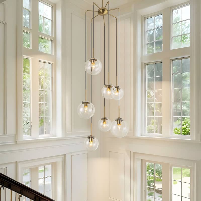 7-Light Modern Linear Cluster Gold Clear Glass Globe Bubble Chandelier Light for Stairways - 23.62 in. W x 47.24 in. H - 23.62 in. W x 47.24 in. H - Gold