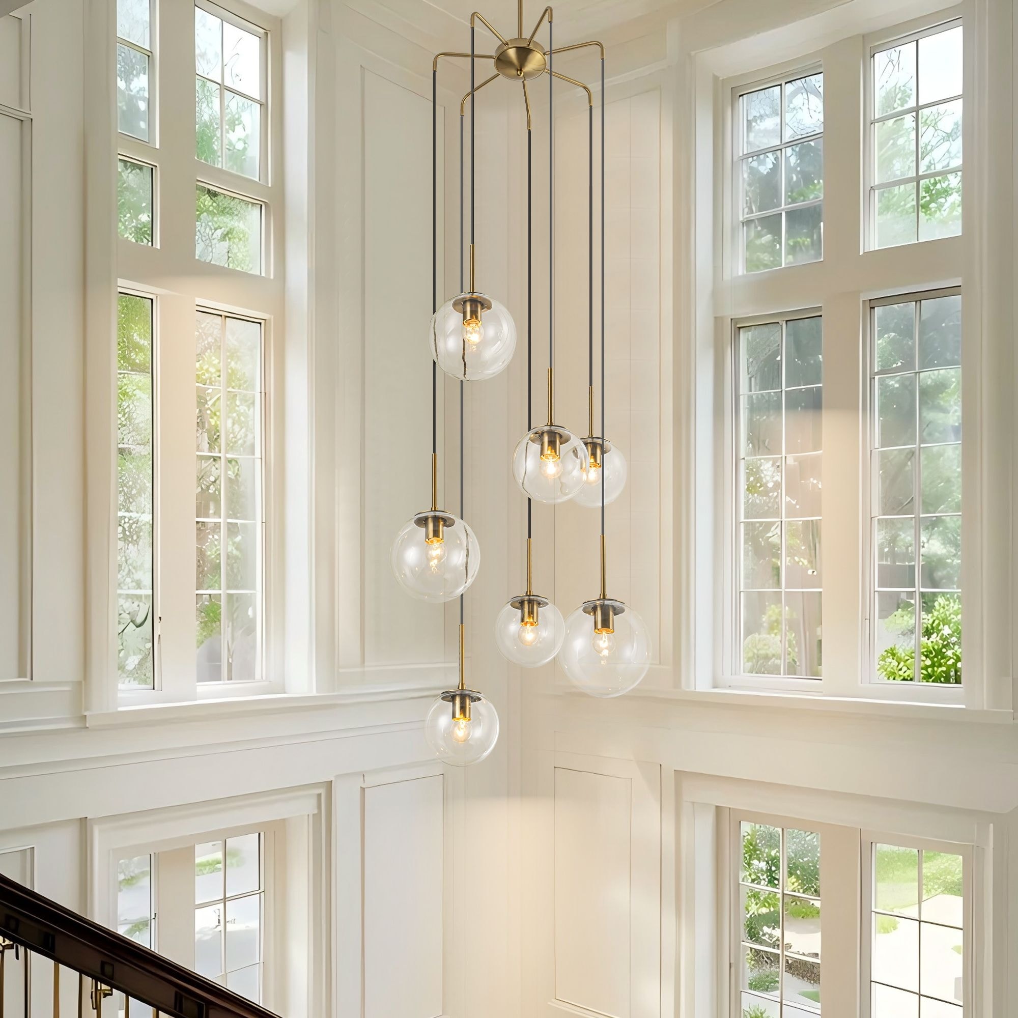 Rennnsan 7-Light Brass Modern Cluster Glass Globe Chandelier Light for Stairways, Foyers - 23.62 in. W x 47.24 in. H