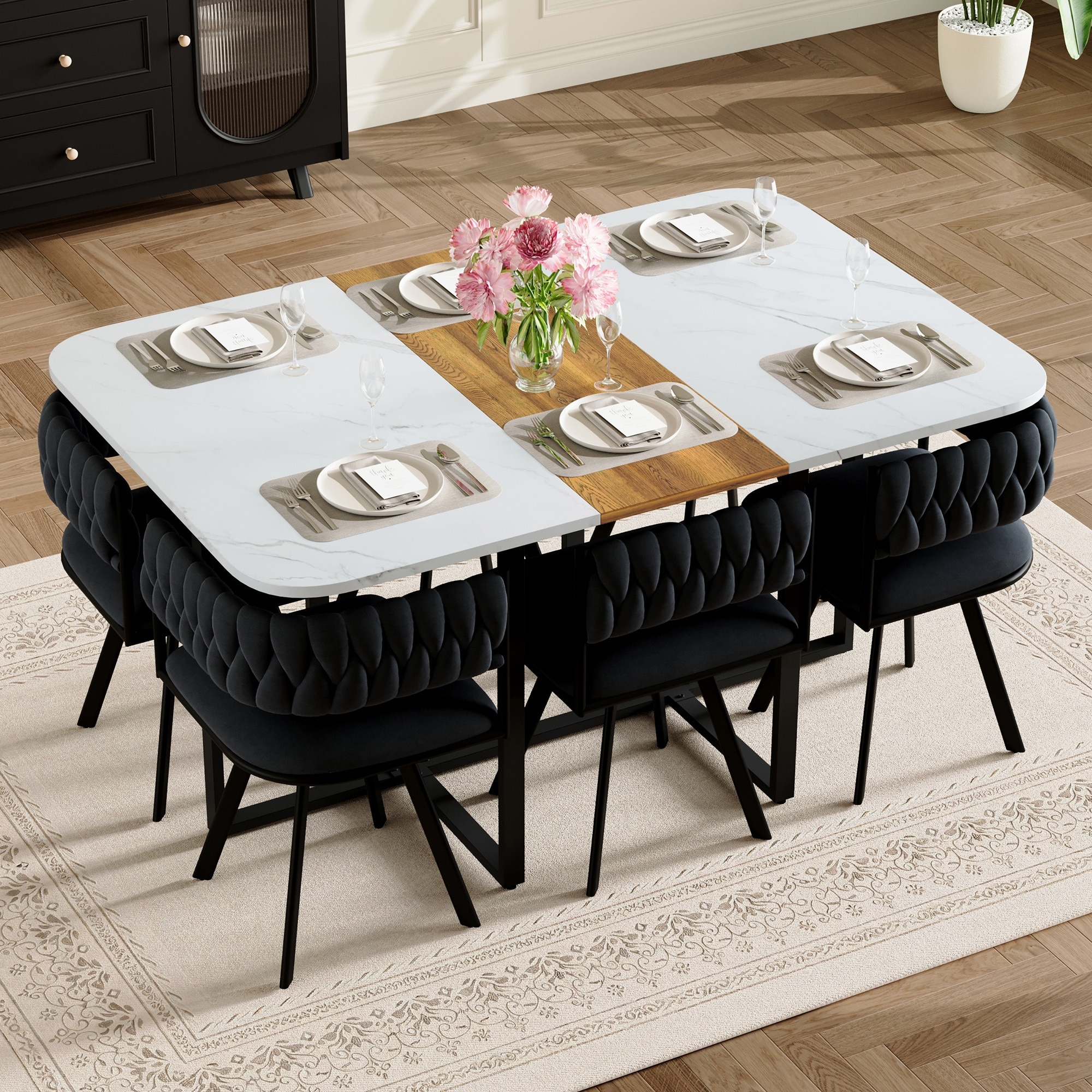 7-Piece Rectangular Dining Table Set with Marble Table