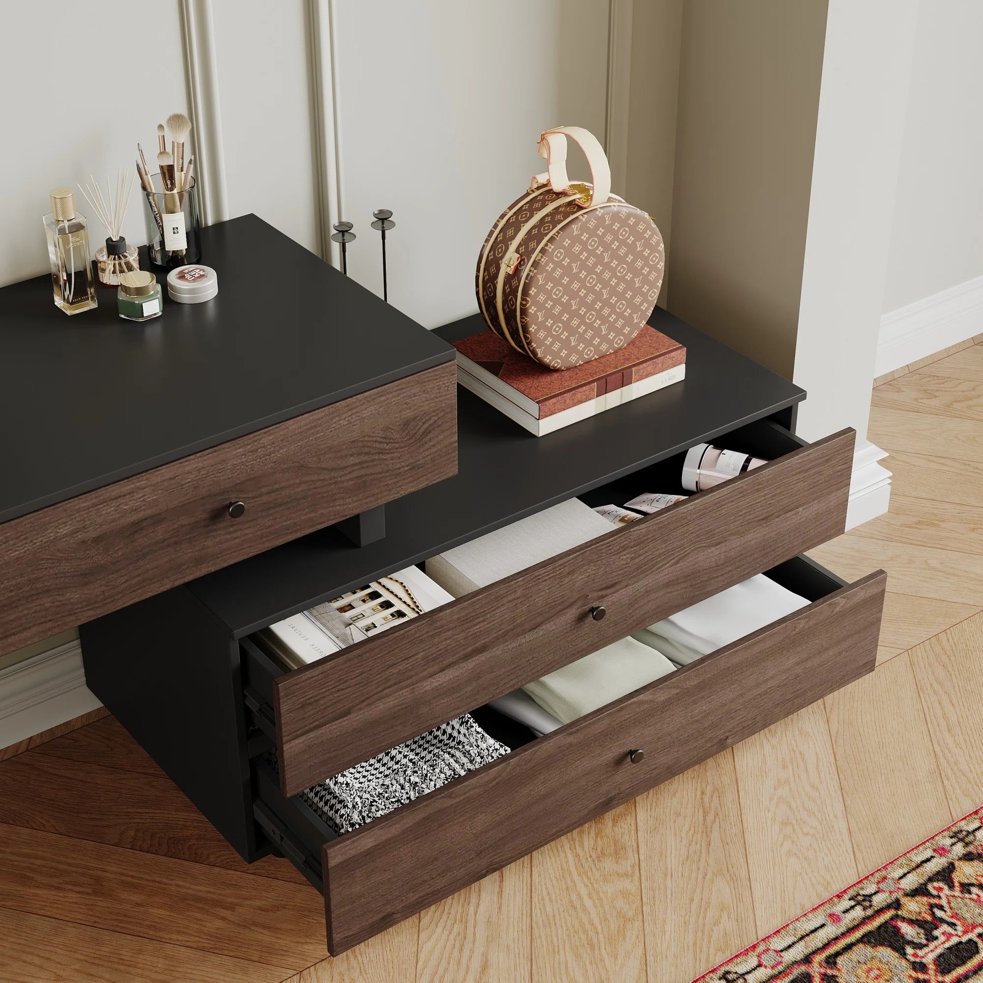 Extendable Makeup Vanity with 4 Drawers Swivelable L-shaped Corner Vanity Desk