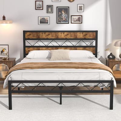 Metal Bed Frame with Brown Wooden Headboard, No Box Spring Needed