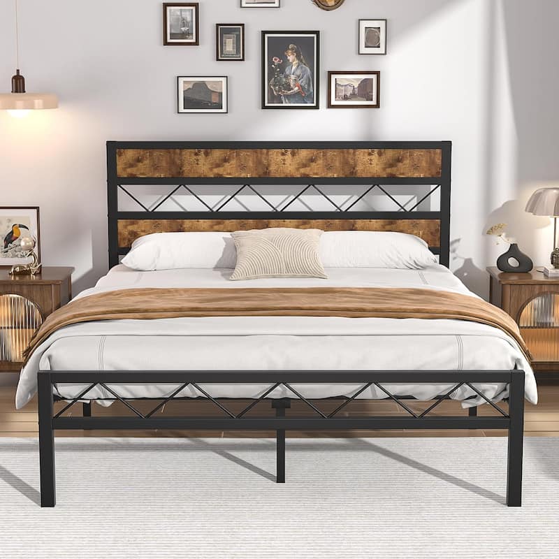 VECELO Retro Platform Bed Frame Wood Headboard, Twin/Full/Queen Size Beds