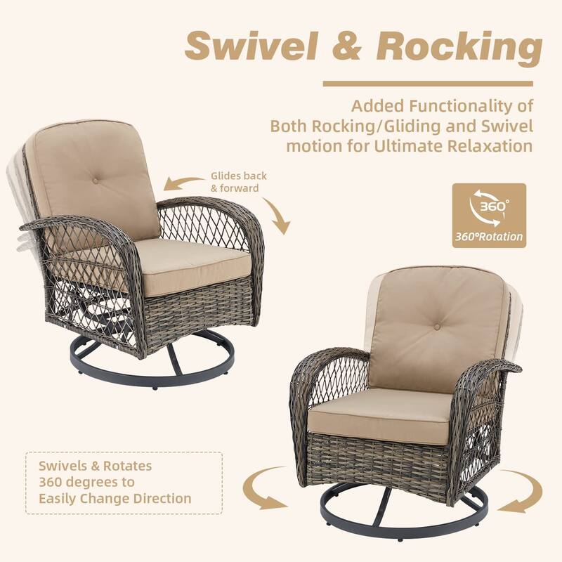 EROMMY Outdoor 3 Pieces Swivel Rocker Patio Chair Sets with Glass Table, All-Weather Wicker & Thickened Cushions for Backyard