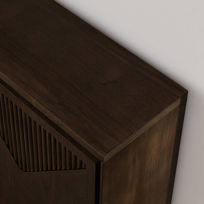 V-Shaped Fluted Storage Cabinet, Multi-Functional Narrow Side Cabinet, Wood Buffet Cabinet with 2 Doors & 2 Outlet Holes