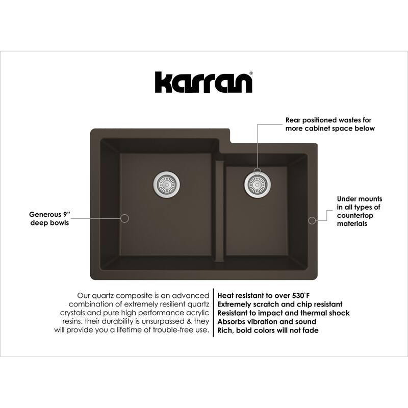 Karran 32" Undermount Large/Small Bowl Quartz Kitchen Sink Kit - 32" x 21.25" x 9"