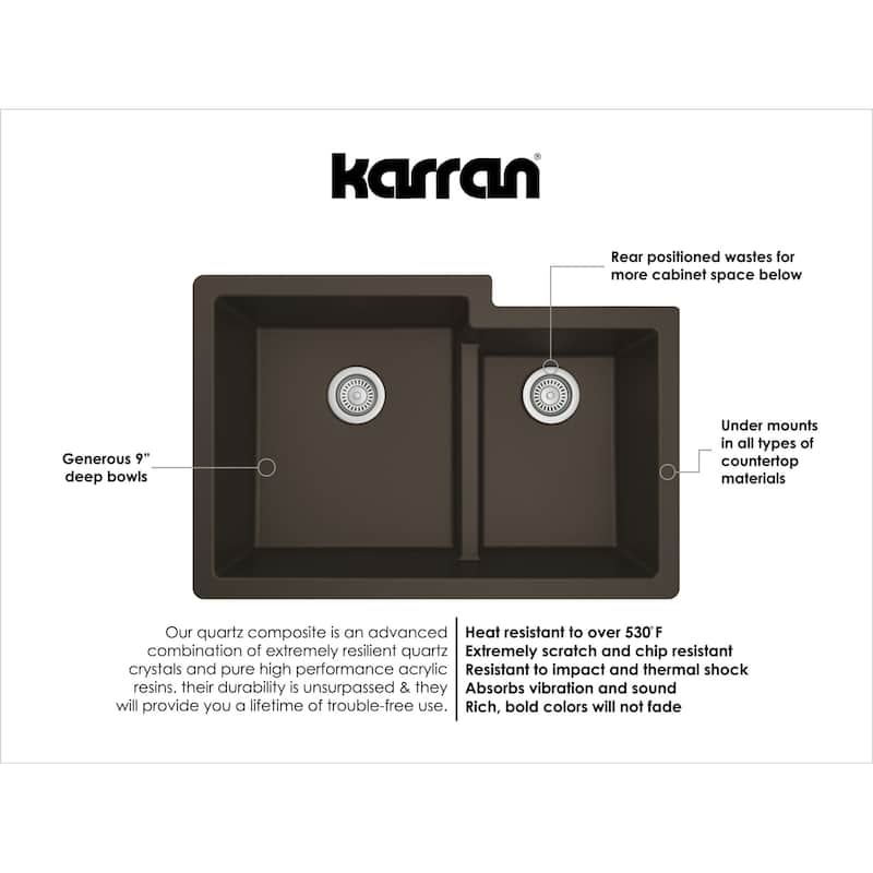 Karran Undermount Large/Small Bowl Quartz Kitchen Sink - 32" x 21.25" x 9" - 32" x 21.25" x 9"