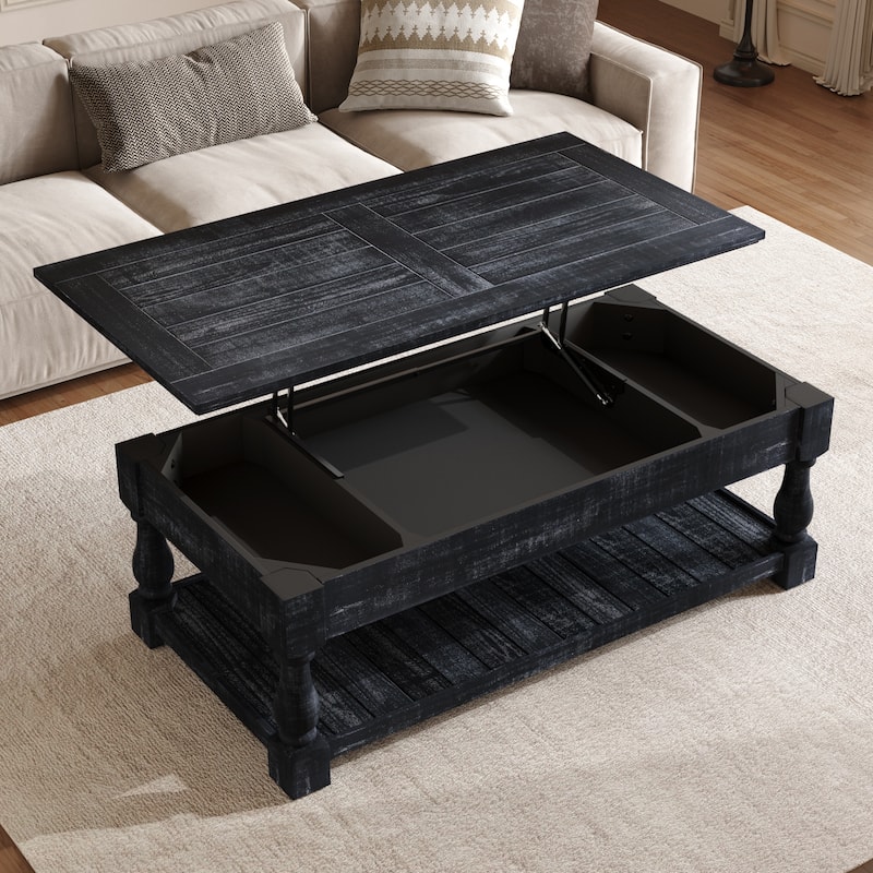 Farmhouse 47.24" Lift Top Coffee Table with Storage Trays Handcrafted Solid Wood for Stylish Living Room Storage