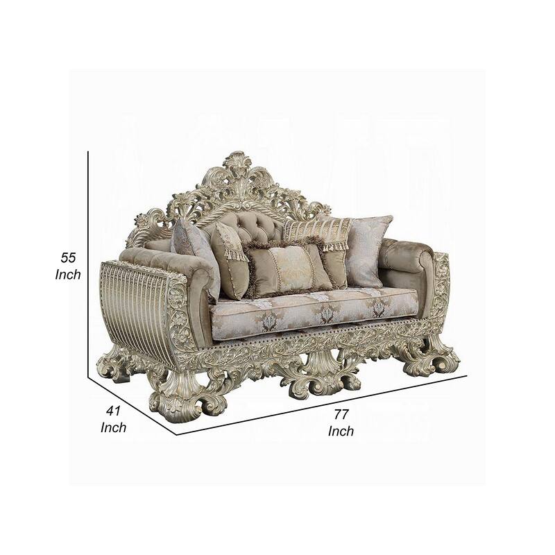 Esen Ornate Loveseat, 5 Accent Pillows, Gold , Tufted Brown Velvet