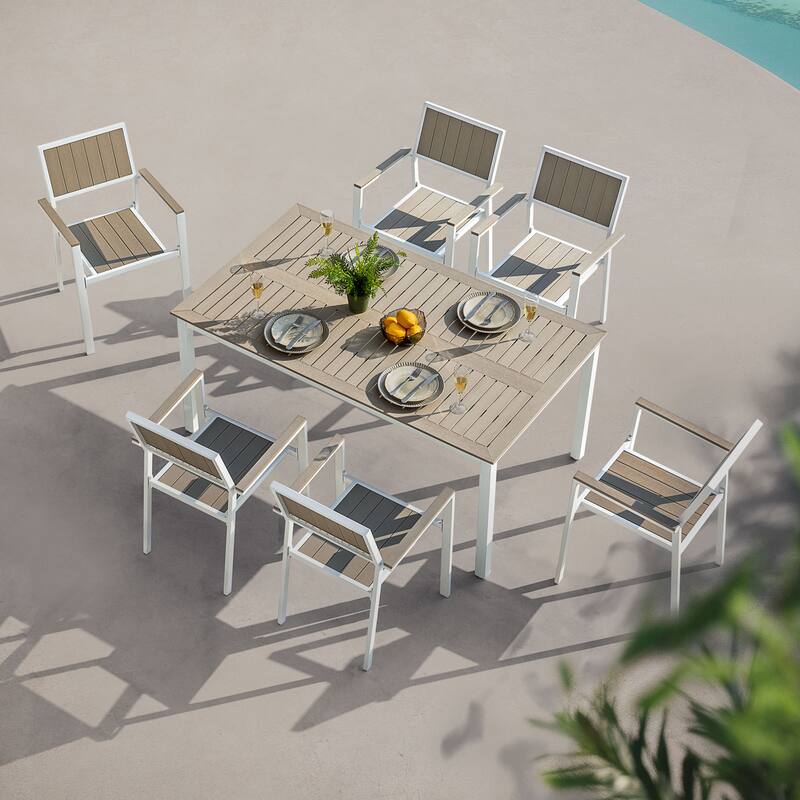 Outdoor Dining Set for 6, Patio Table with Umbrella Hole, Stackable Design