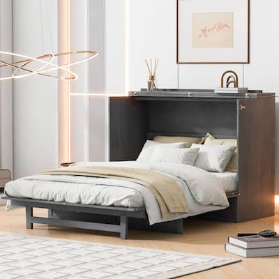 Classic Murphy Bed Chest with Drawers and Charging Station, Foldable Platform Cabinet Beds