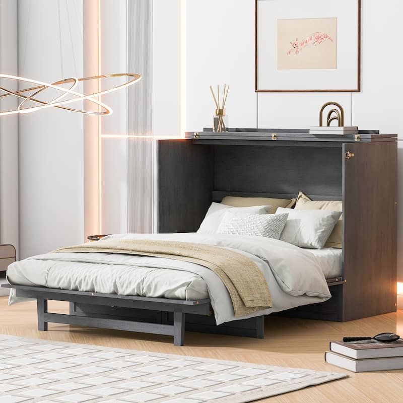 Gray Full Size Modern Style Murphy Bed with Large Versatile Storage Drawers and USB Ports for Bedroom