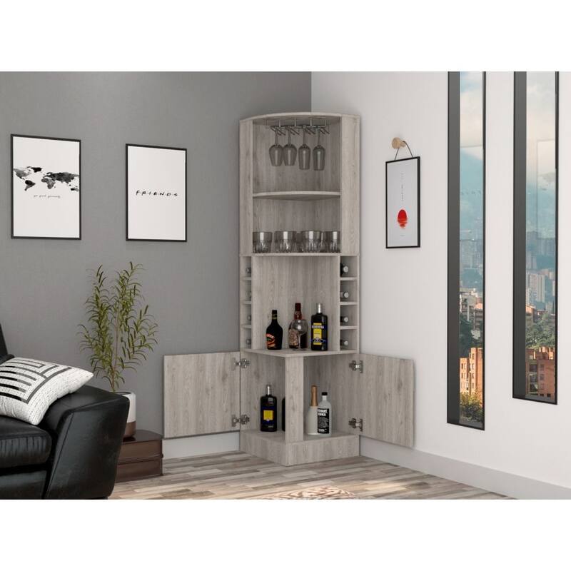 TUHOME Syrah Corner Bar Cabinet with 2-Doors and 8 Cubbies - N/A