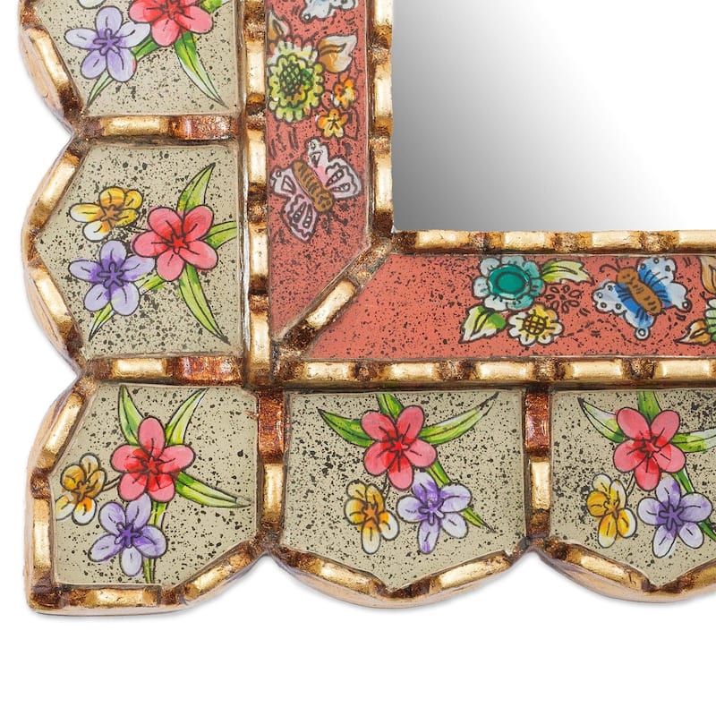 NOVICA Sweet Arrangement Bronze Gilded Reverse-Painted Glass Wall Mirror