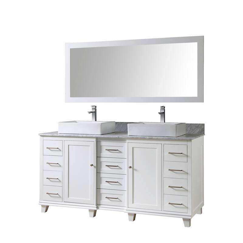 Ultimate Classic 72 In. Vanity In White With Carrara White Marble Vanity Top with vessel sinks and Mirror - White - Painted/Polished/Nickel Finish - Double Vanities