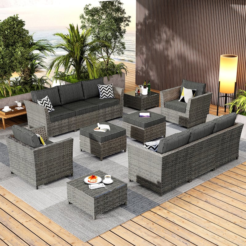 HOOOWOOO 12-piece Wicker Outdoor Sectional Sofa Set with Coffee Table - Black