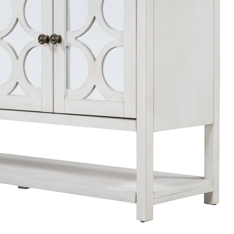 Antique White Sideboard Storage Cabinet with Mirrored Doors & Open Storage Shelf, Console Table Display Case for Living Room