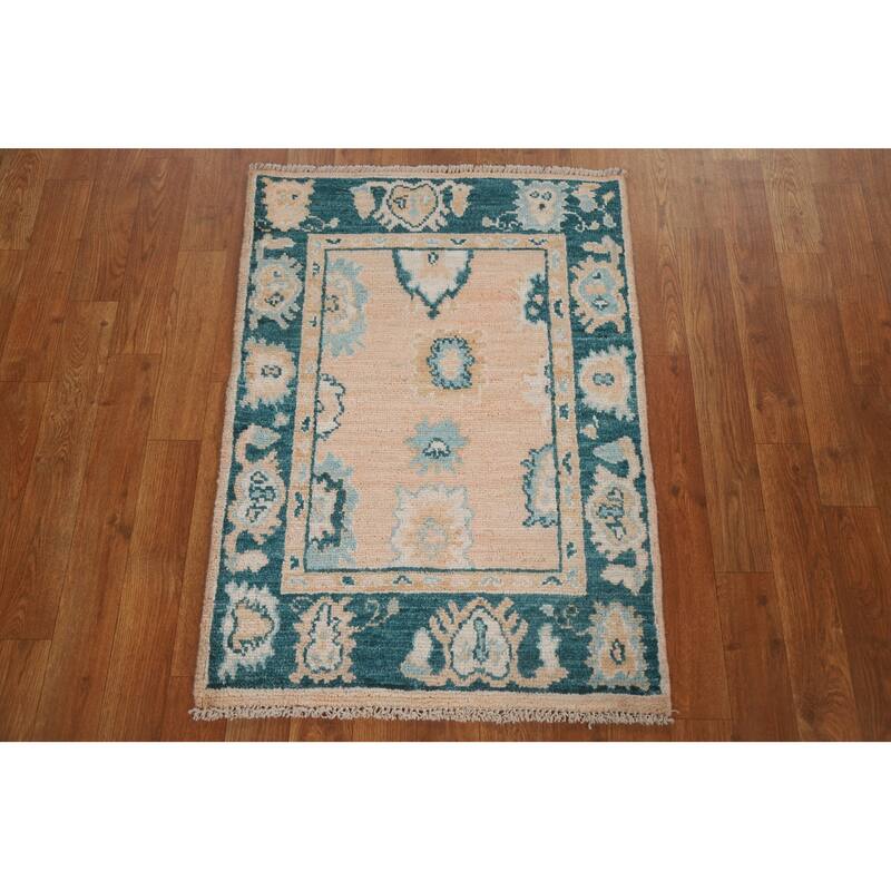 Hand Knotted Oriental 100% Wool Carpet Transitional Geometric Peach Oushak Area Rug - 2' 11'' X 2' 1''