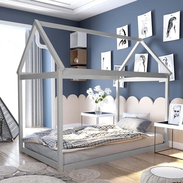 slide 2 of 8, Twin House Bed Frame Solid Wood Kids Platform Floor Bed with Roof