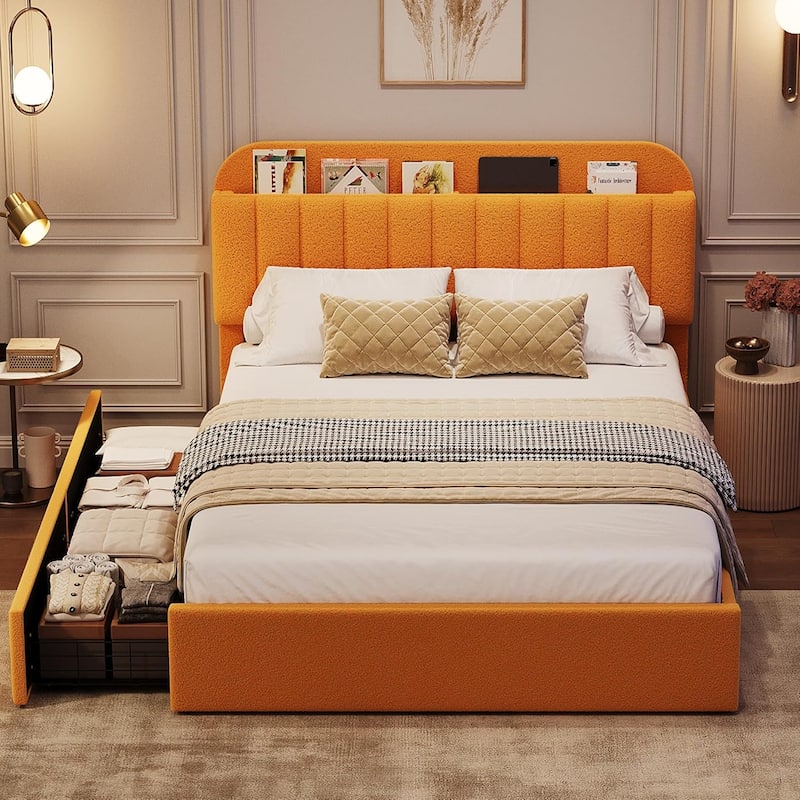 Bed Frame with 2 Drawers, Boucle Upholstered
