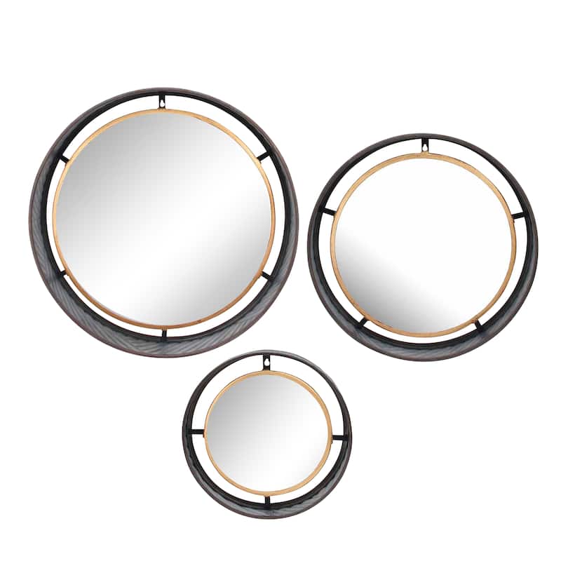 Set Of 3 Decorative Metal Frame Wall Mirrors, Gold, Round, 4"H, - 20" x 20" x 4"