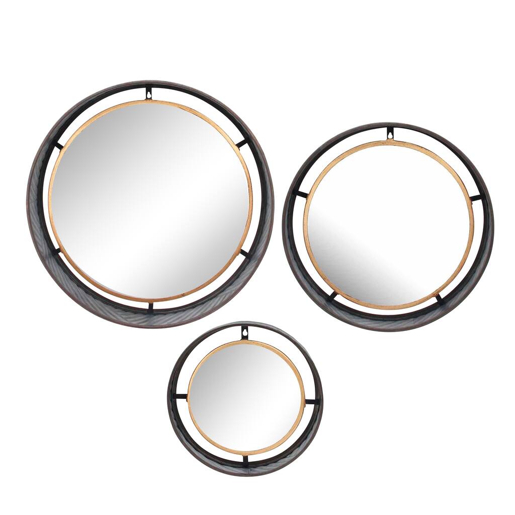 Set Of 3 Decorative Metal Frame Wall Mirrors, Gold, Round, 4"H, - 20" x 20" x 4"
