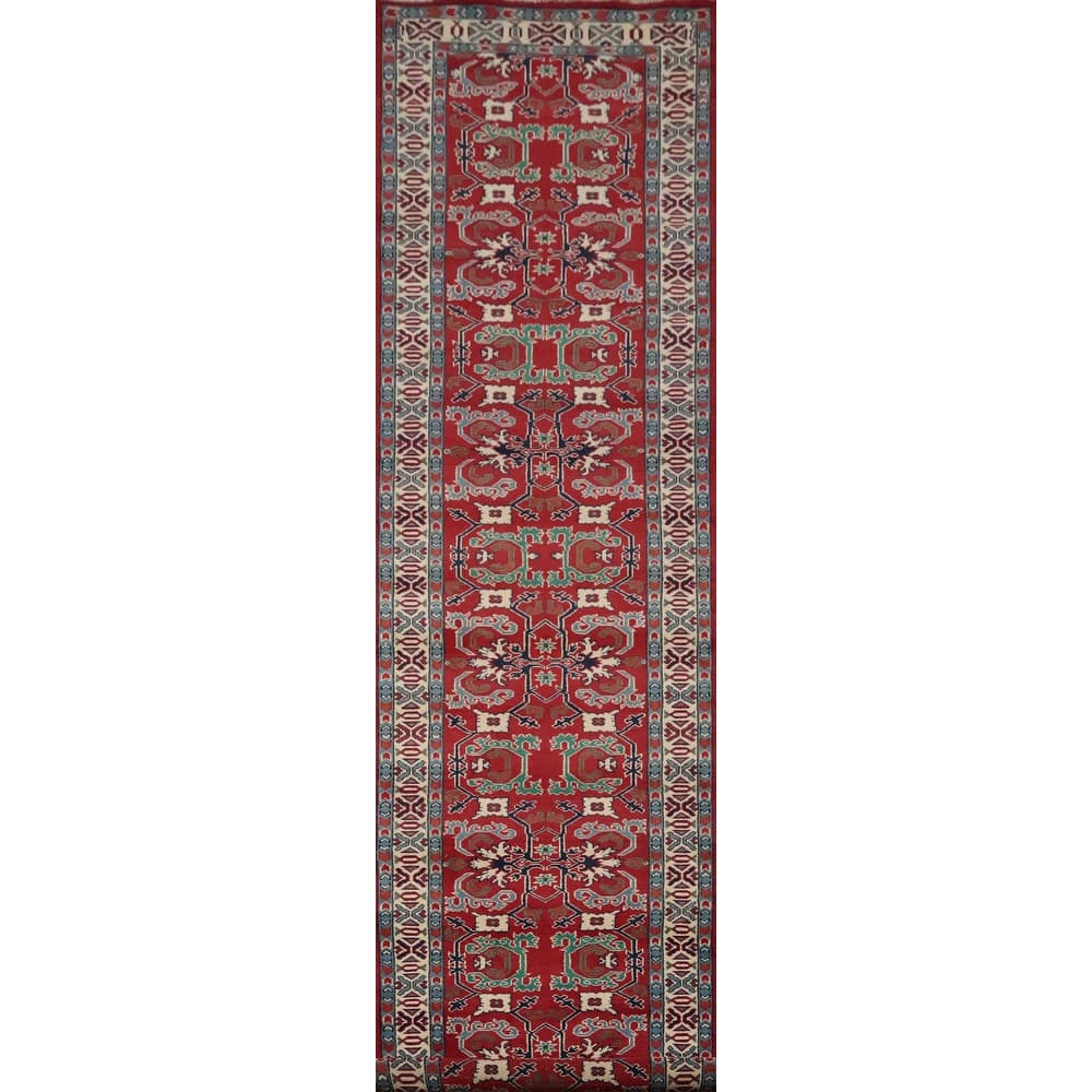 Hand Knotted Oriental 100% Wool Carpet Traditional Geometric Red Heriz (serapi) Runner Rug - 15' 10'' X 3' 0''