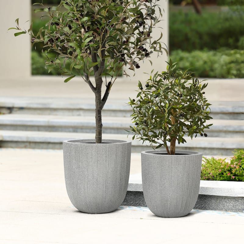 2-Piece Tapered Round Plastic Planters Set, Mediterranean Style - Mediterranean Grey