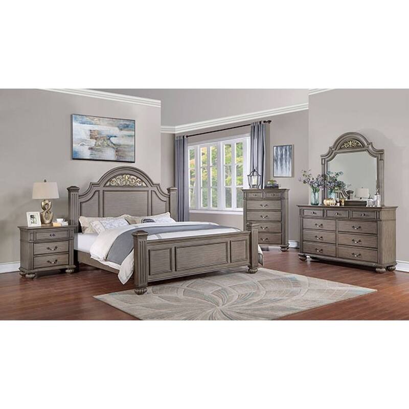 Traditional Gray 1pc Solid Wood Nightstand w/ 3 Drawers & Antique Brass Handles for Bedroom