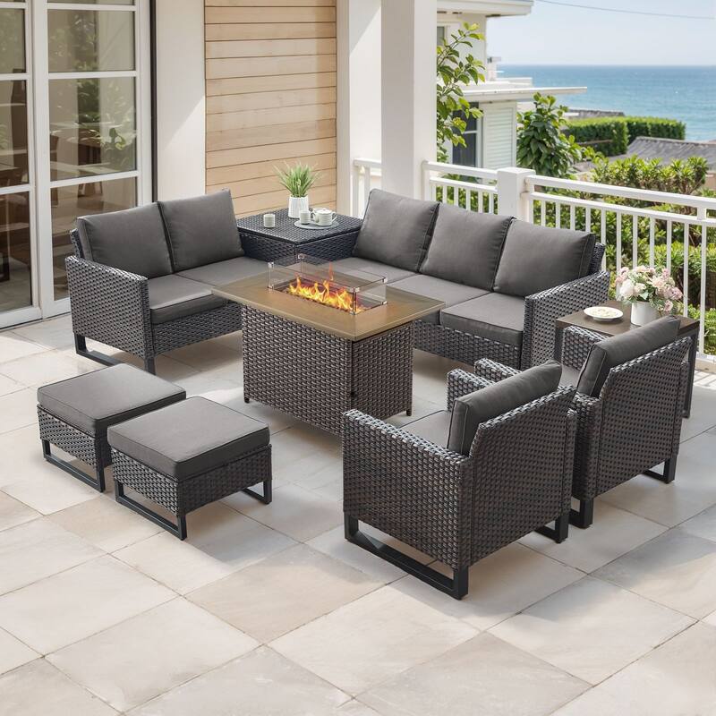 Gymojoy 7-9 Person All-Weather Wicker Outdoor Conversation Set Seating Group With Fire Pit Table